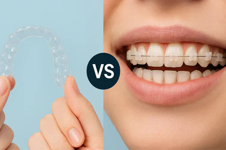 Een zij-aan-zij-afbeelding van transparante aligners en keramische beugels