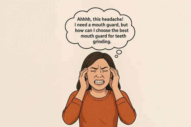 Een vrouw klemt haar tanden op elkaar en heeft last van hoofdpijn. Ze vraagt ​​zich af: "Hoe kies ik het beste bitje tegen tandenknarsen?".