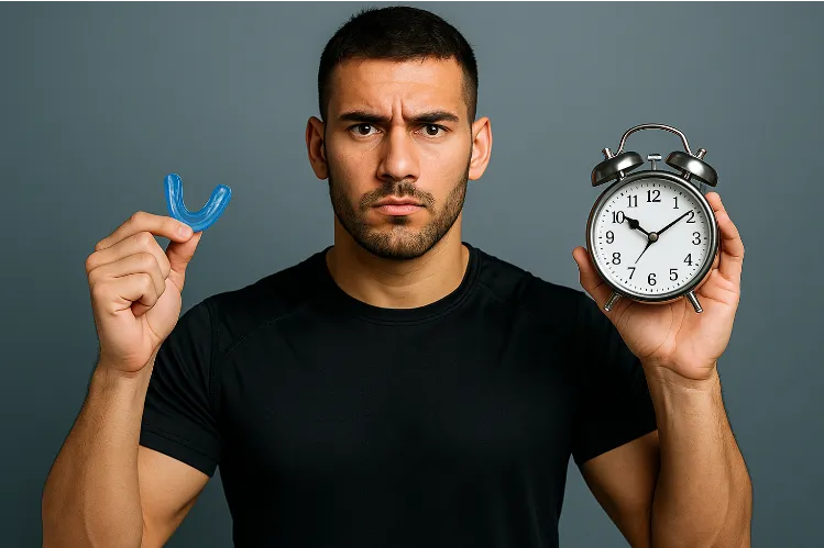 Een atleet die een bitje in de ene hand houdt en een klok in de andere hand, om de draagtijd van een bitje weer te geven
