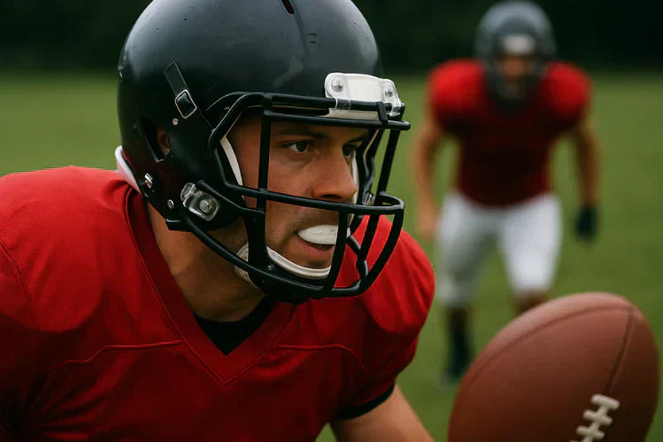 Een speler speelt voetbal terwijl hij een gebitsbeschermer en een helm draagt.