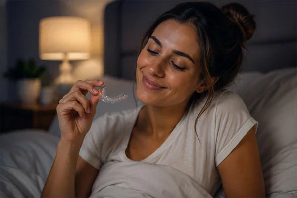 Een vrouw in bed die nachtwakers vasthoudt.