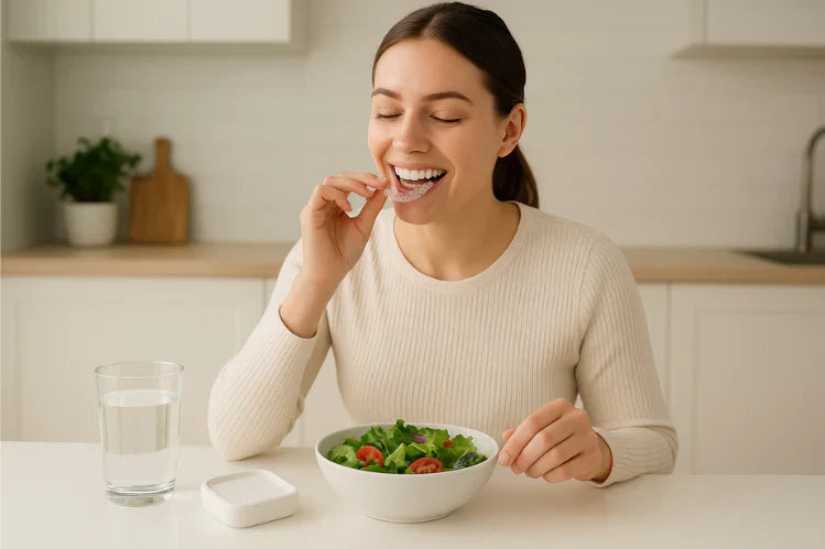 Jonge vrouw die doorzichtige aligners uitdoet voordat ze een gezonde maaltijd eet.