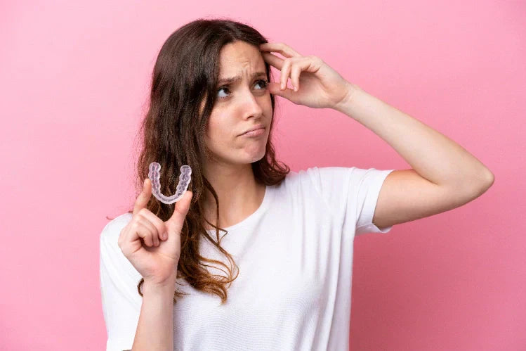 Een vrouw die denkt welke houder beter is